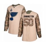 Men's St. Louis Blues #50 Jordan Binnington Authentic Camo Veterans Day Practice 2019 Stanley Cup Final Bound Hockey Jersey