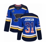 Women's St. Louis Blues #31 Chad Johnson Authentic Blue USA Flag Fashion 2019 Stanley Cup Final Bound Hockey Jersey