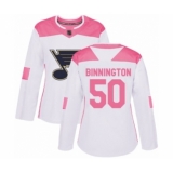 Women's St. Louis Blues #50 Jordan Binnington Authentic White Pink Fashion Hockey Jersey