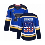 Women's St. Louis Blues #50 Jordan Binnington Authentic Blue USA Flag Fashion 2019 Stanley Cup Final Bound Hockey Jersey