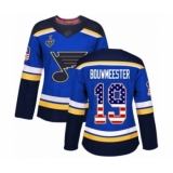 Women's St. Louis Blues #19 Jay Bouwmeester Authentic Blue USA Flag Fashion 2019 Stanley Cup Final Bound Hockey Jersey