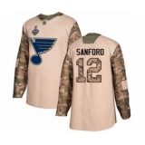 Youth St. Louis Blues #12 Zach Sanford Authentic Camo Veterans Day Practice 2019 Stanley Cup Final Bound Hockey Jersey