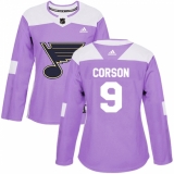 Women's Adidas St. Louis Blues #9 Shayne Corson Authentic Purple Fights Cancer Practice NHL Jersey