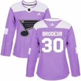 Women's Adidas St. Louis Blues #30 Martin Brodeur Authentic Purple Fights Cancer Practice NHL Jersey