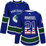 Women's Adidas Vancouver Canucks #21 Antoine Roussel Authentic Blue USA Flag Fashion NHL Jersey