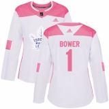 Women's Adidas Toronto Maple Leafs #1 Johnny Bower Authentic White/Pink Fashion NHL Jersey