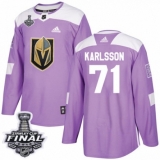 Men's Adidas Vegas Golden Knights #71 William Karlsson Authentic Purple Fights Cancer Practice 2018 Stanley Cup Final NHL Jersey