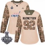 Women's Adidas Washington Capitals #92 Evgeny Kuznetsov Authentic Camo Veterans Day Practice 2018 Stanley Cup Final NHL Jersey
