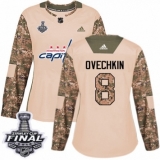 Women's Adidas Washington Capitals #8 Alex Ovechkin Authentic Camo Veterans Day Practice 2018 Stanley Cup Final NHL Jersey