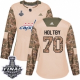 Women's Adidas Washington Capitals #70 Braden Holtby Authentic Camo Veterans Day Practice 2018 Stanley Cup Final NHL Jersey