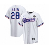 Men's Texas Rangers #28 Jonah Heim 2023 White World Series Stitched Baseball Jersey