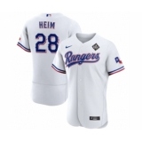 Men's Texas Rangers #28 Jonah Heim White 2023 World Series Flex Base Stitched Baseball Jersey