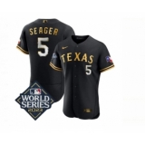 Men's Texas Rangers #5 Corey Seager Black Gold 2023 World Series Flex Base Stitched Baseball Jersey