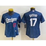 Women's Los Angeles Dodgers #17 Shohei Ohtani Number Red Navy Blue Pinstripe Stitched Cool Base Nike Jerseys