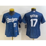 Women's Los Angeles Dodgers #17 Shohei Ohtani Number Red Navy Blue Pinstripe Stitched Cool Base Nike Jersey