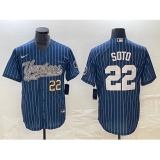 Men's New York Yankees #22 Juan Soto Number Blue Pinstripe Cool Base Stitched Baseball Jersey