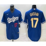 Men's Los Angeles Dodgers #17 Shohei Ohtani Number Blue Gold Stitched Cool Base Nike Jerseys