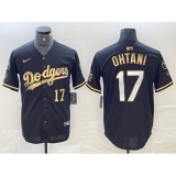 Mens Los Angeles Dodgers #17 Shohei Ohtani Number Black Gold Stitched Cool Base Nike Jersey