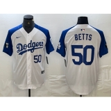 Mens Los Angeles Dodgers #50 Mookie Betts Number White Blue Fashion Stitched Cool Base Limited Jersey