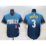 Men's Philadelphia Phillies #3 Bryce Harper Number Blue 2024 City Connect Limited Stitched Jersey